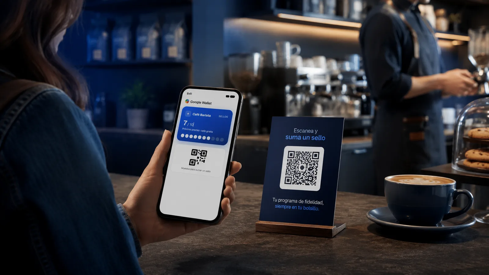 Cliente mostrando su tarjeta de fidelidad de Google Wallet junto al QR de una cafetería
